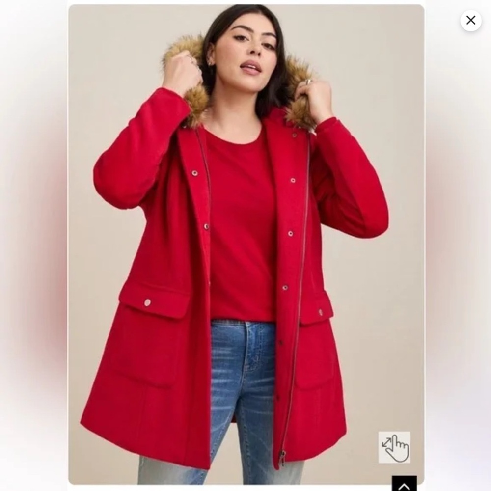 Torrid Wool Red Hooded Coat with Faux Fur Trim Plus Size 2